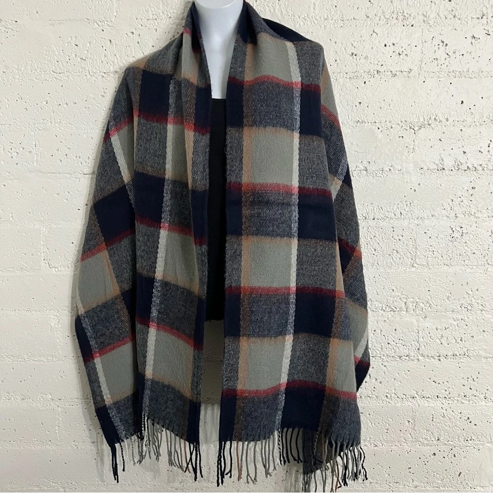 Womens Scarf Black Brown Window Pane Plaid Fringe Soft 24 x 78 inches E10